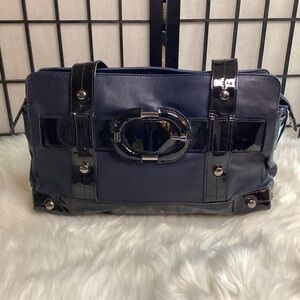 Kenneth Cole New York - Navy Blue Leather Satchel With Black Patent Leather Trim